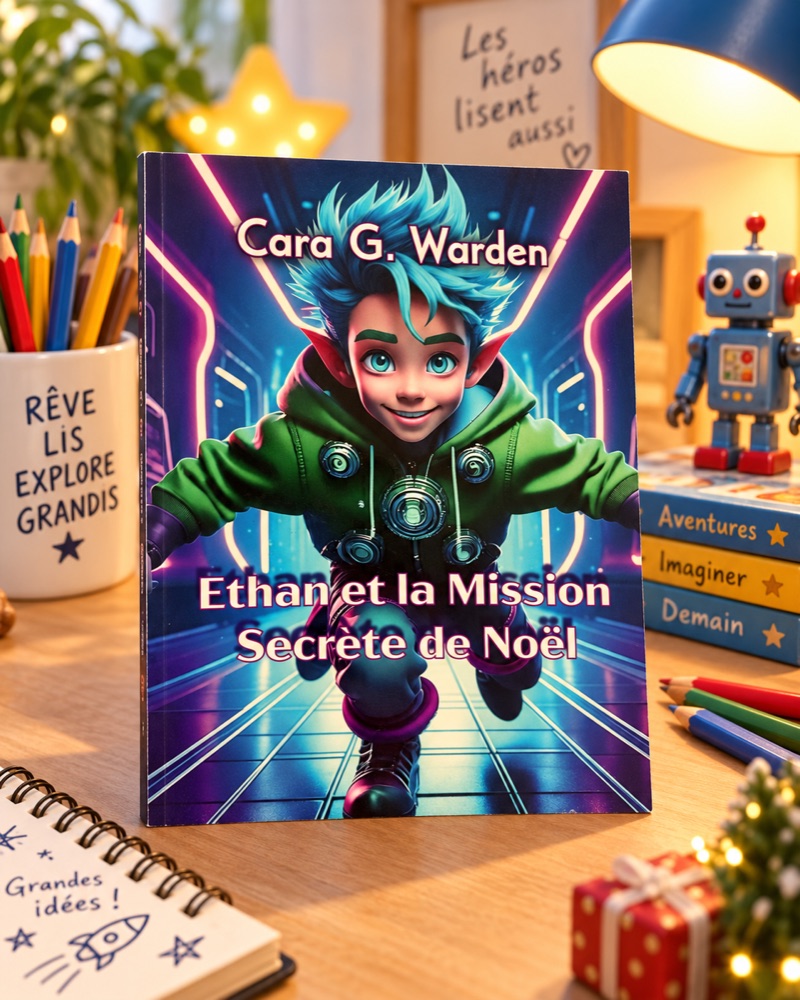 A child receiving an illustrated Ethan book as a Christmas gift