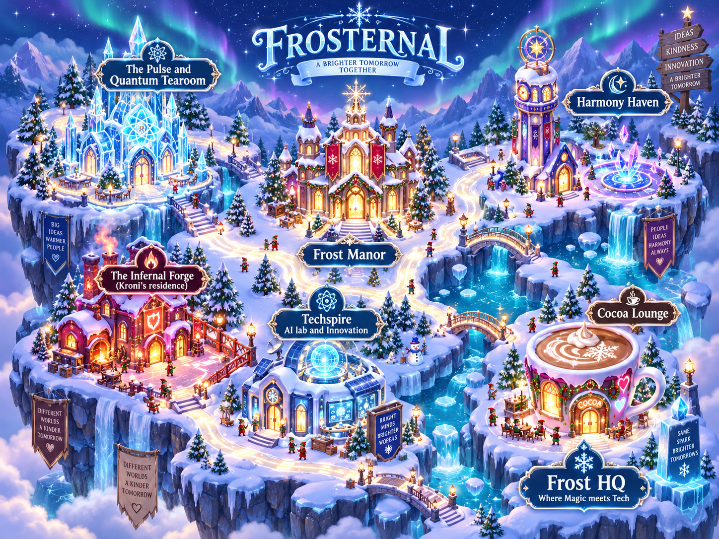 Illustrated map of Frost HQ and its magical technology landmarks